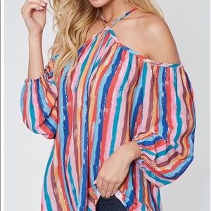 Multi colored halter with open shoulder top
